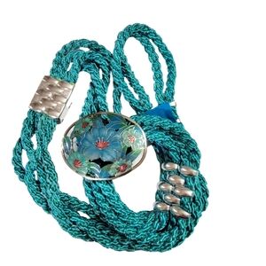 Vintage Sea Gem Floral Cloisonne Buckle Teal Braided Rope Belt